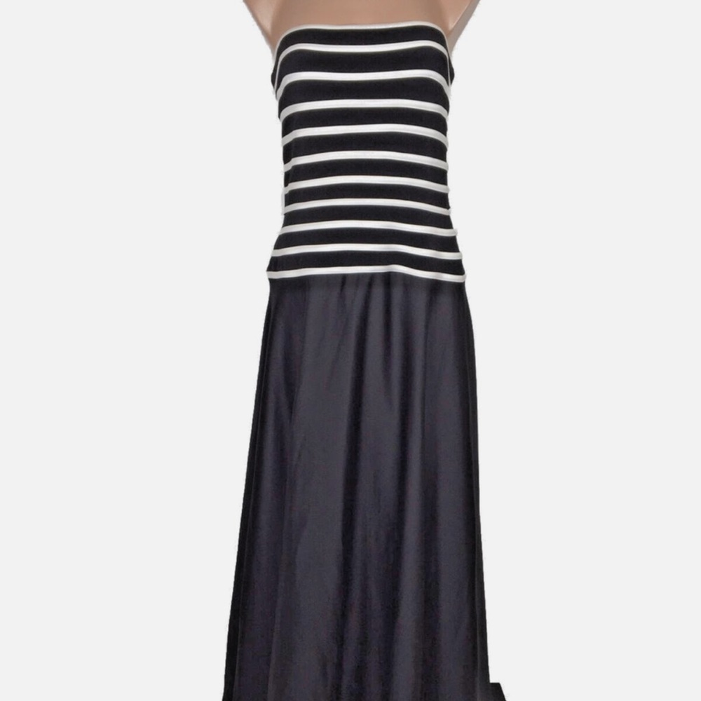 NWT Tadashi Black Silk Long White Stripe Satin Strapless Evening Dress Sz 14